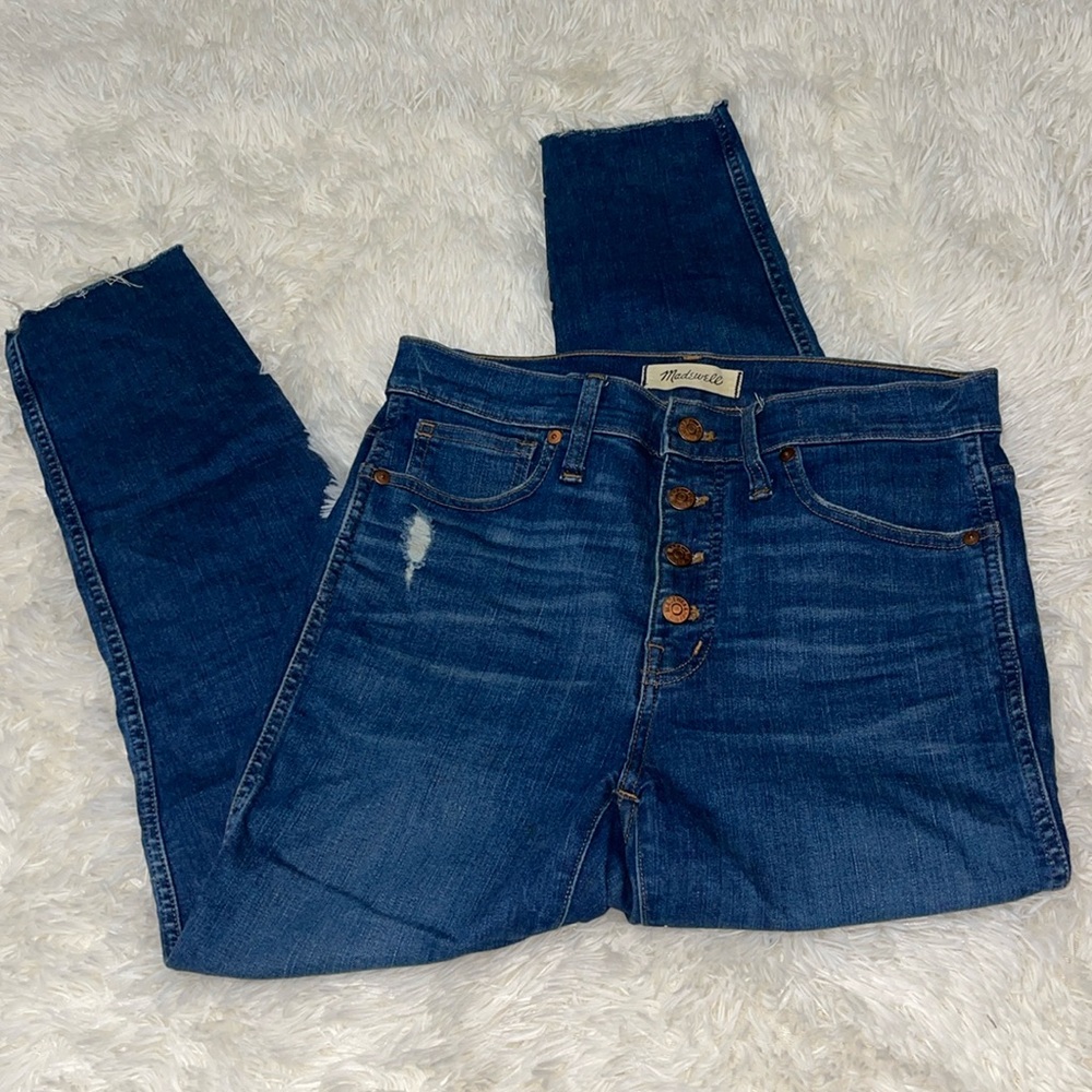Madewell Dark Denim Distressed Frayed Hem 10” High Rise Skinny Jeans